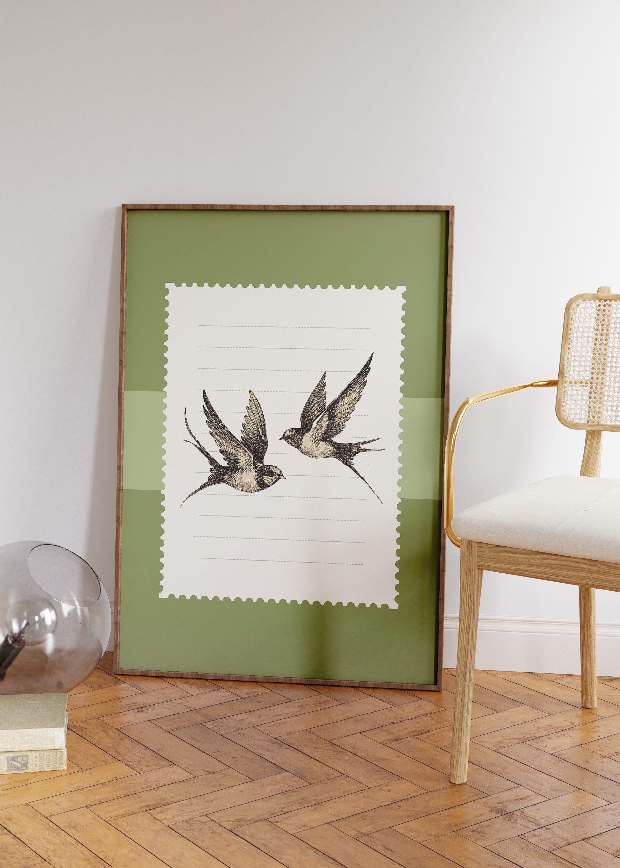 Swallow Birds Green Vintage Art Print
