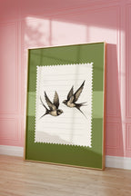 Swallow Birds Green Vintage Art Print
