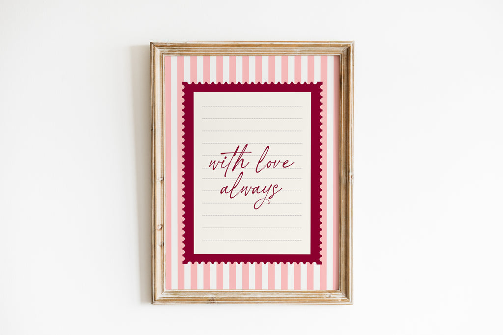 With love always pink striped wall art Pink Vintage Art Print
