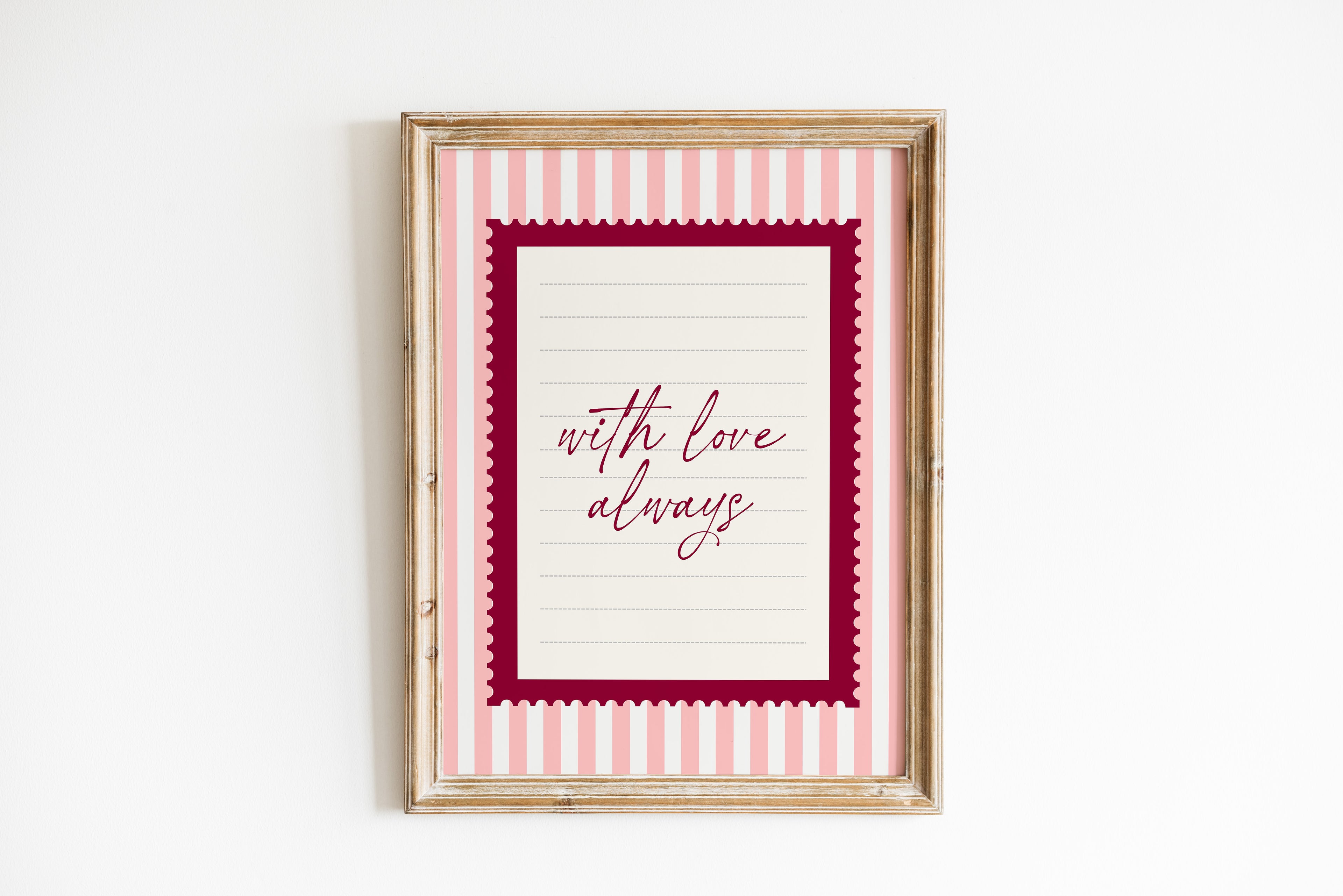 With love always pink striped wall art Pink Vintage Art Print