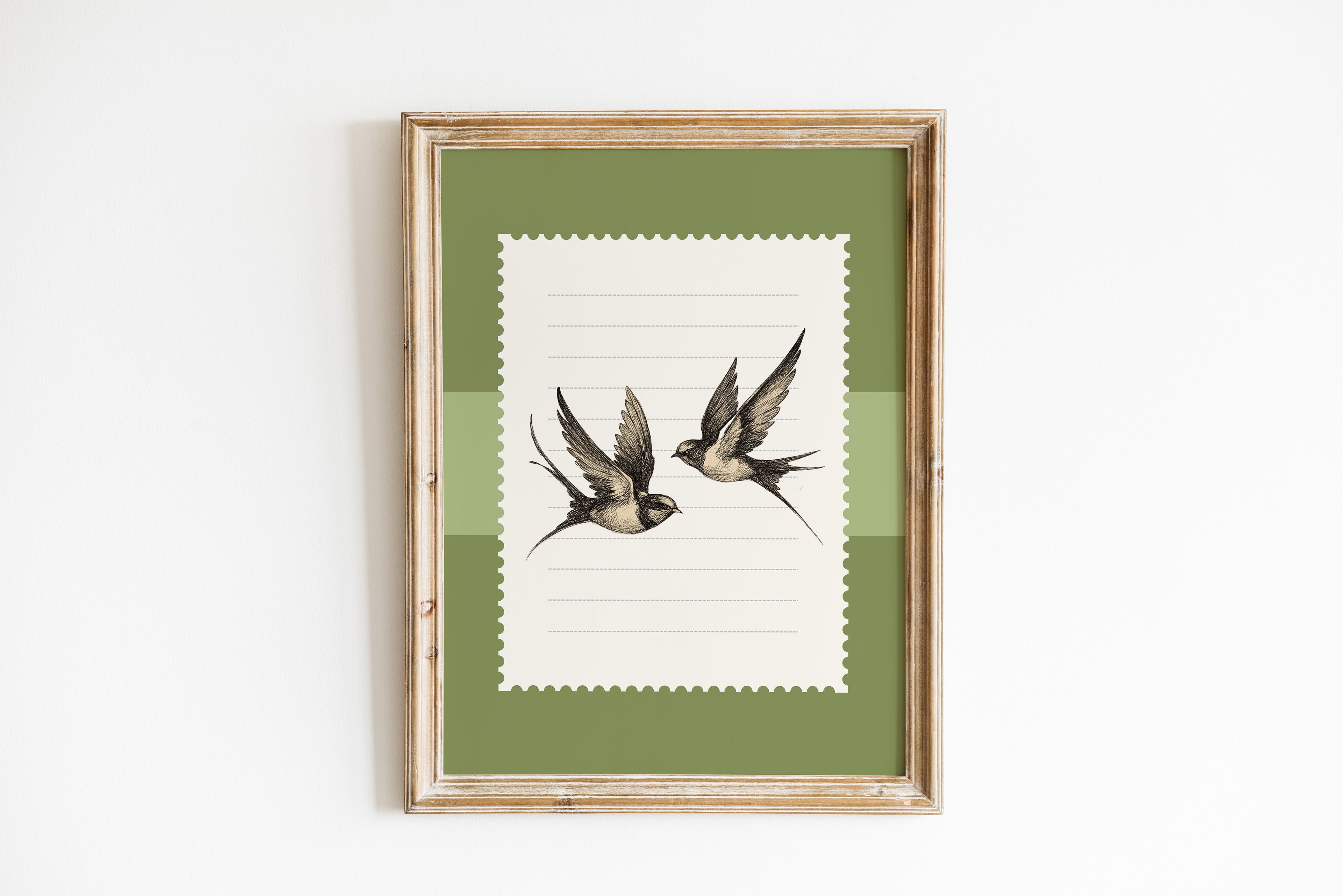 Swallow Birds Green Vintage Art Print