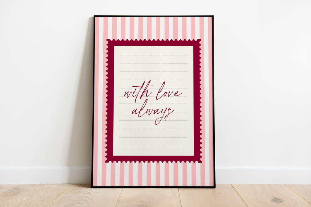 With love always pink striped wall art Pink Vintage Art Print