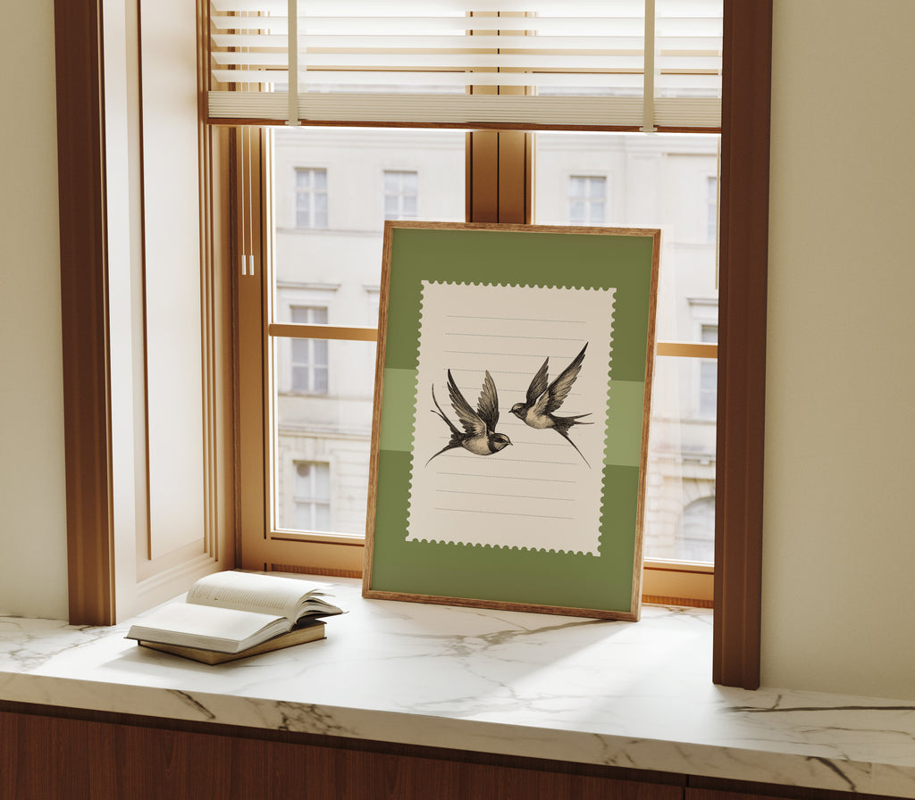 Swallow Birds Green Vintage Art Print